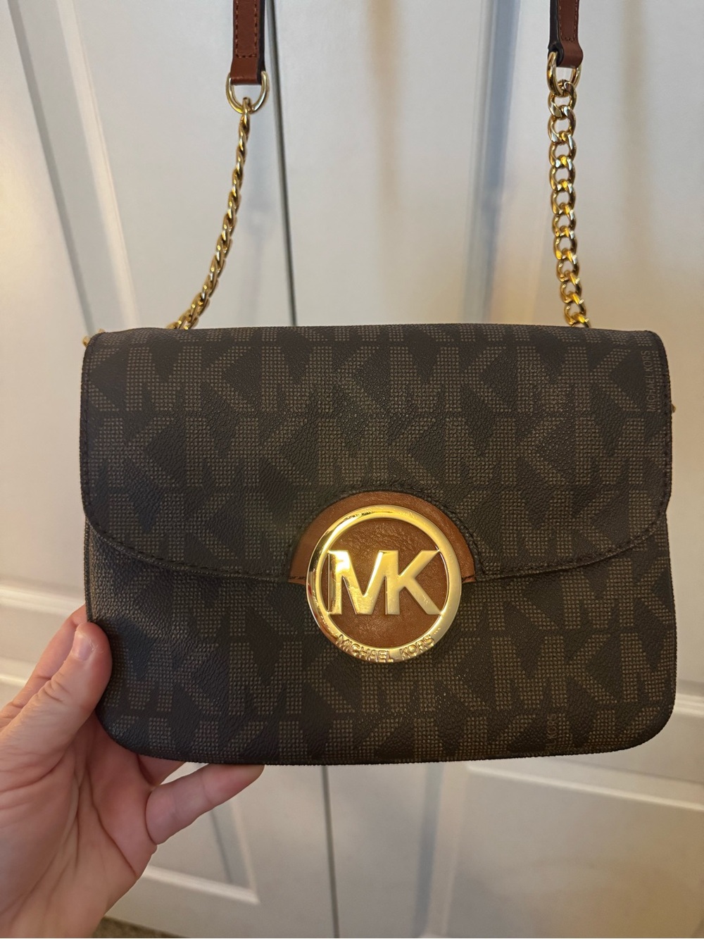Michael Kors Dark Brown MK Logo Crossbody with Gold Hardware